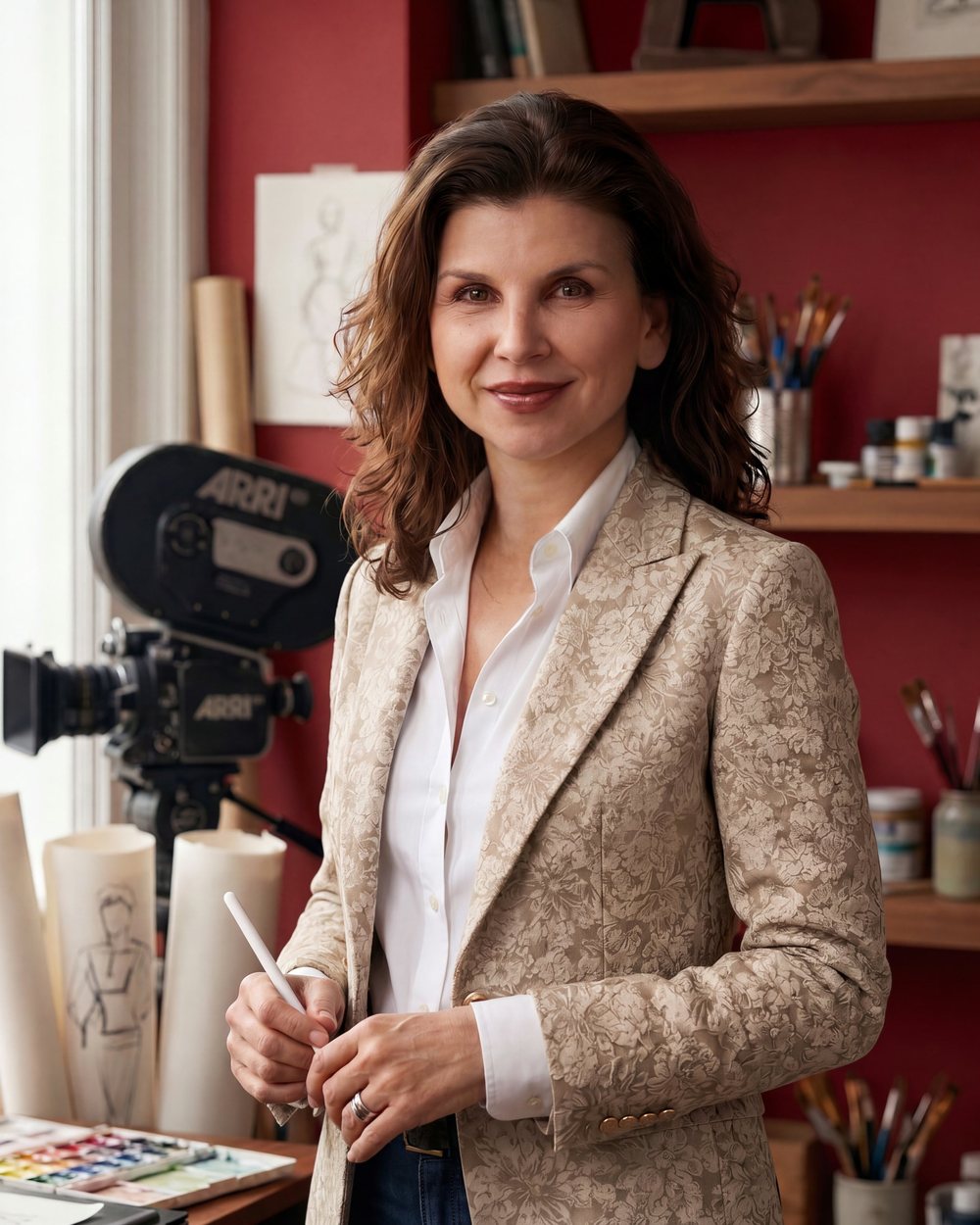 Portrait of Anna Spyrou in a textured blazer, standing in her studio beside a film camera and art supplies.