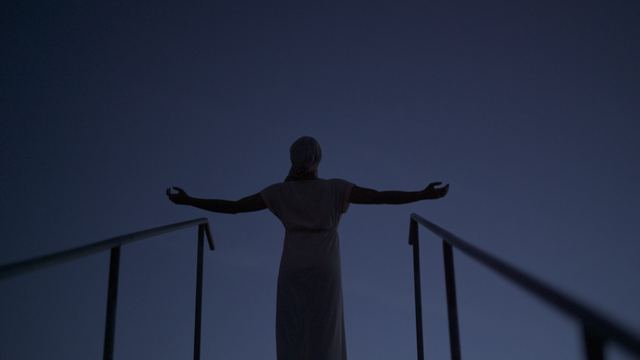 A silhouetted woman at the top of a stairway, arms open against a deep blue sky.